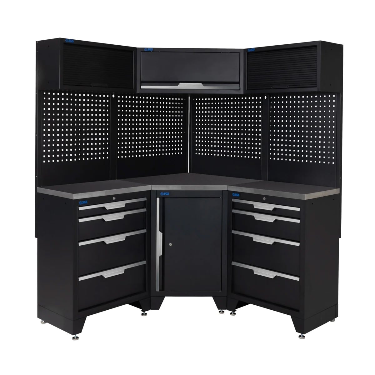SGS 10pc Corner Garage Storage System | 8 Drawers | Stainless Steel Worktop | Corner Floor Cabinet | 3x Upper Cabinets
